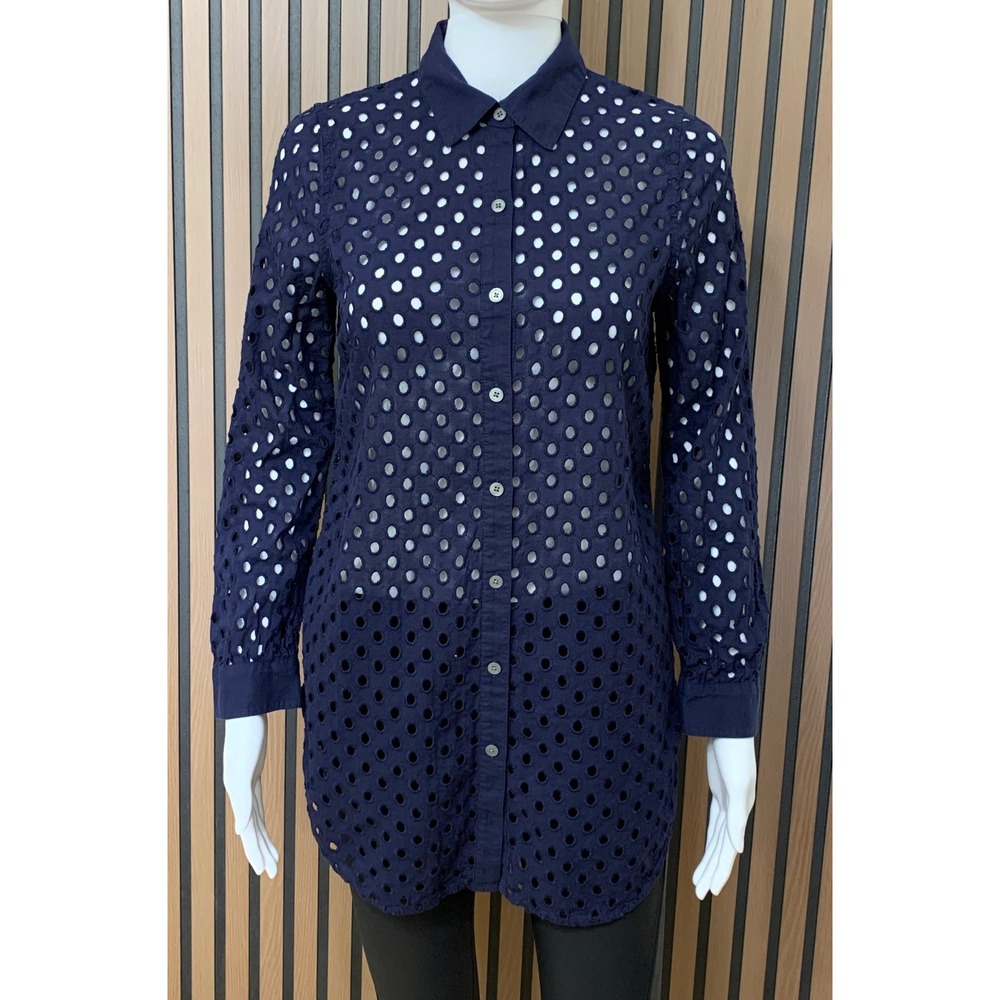 J.Crew Navy Blue Eyelet Cotton Button Down Shirt Tunic Long Sleeve XXS